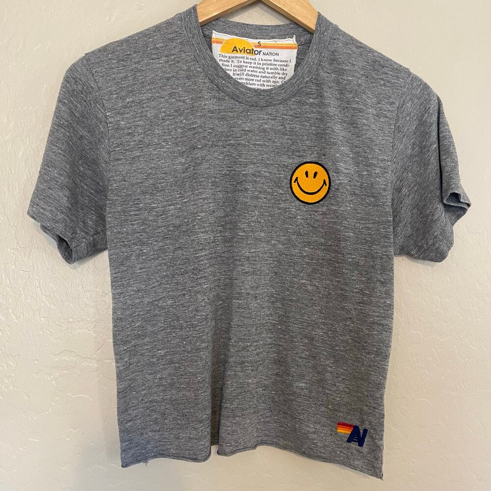 Aviator Nation Womens Size Small Crop Top Crew Neck T-Shirt Smiley Face Grey